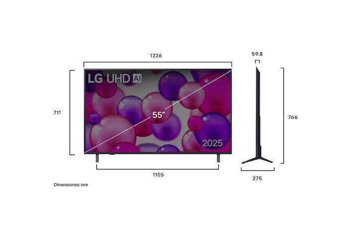 Vista de frente y lateral de la Smart TV LG UHD AI UA80 4K en la que se ven sus dimensiones de longitud, ancho, altura y profundidad.