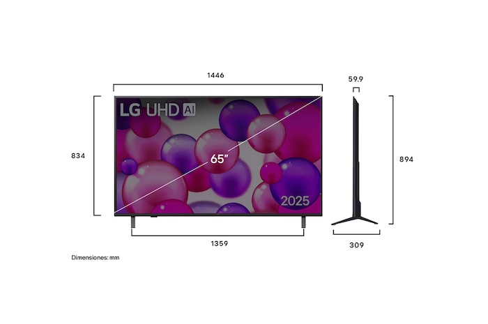 Vista de frente y lateral de la Smart TV LG UHD AI UA80 4K en la que se ven sus dimensiones de longitud, ancho, altura y profundidad.