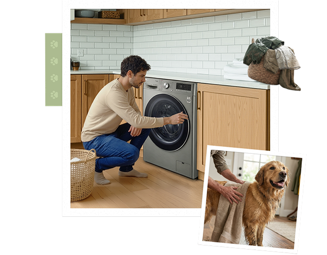 Hombre cargando la lavadora mientras un golden retriever permanece cerca en un interior de hogar cálido	
