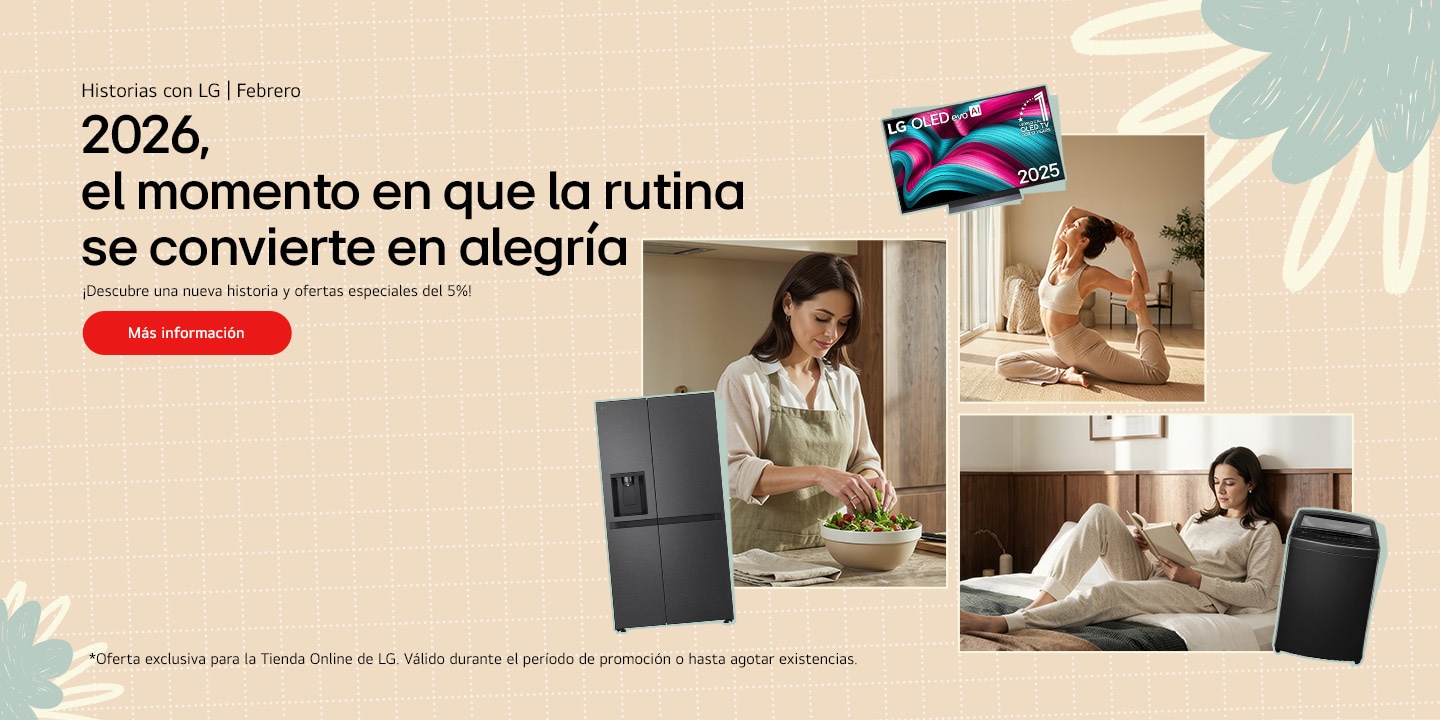 Visual clave de estilo de vida que muestra rutinas diarias en casa con electrodomésticos LG	