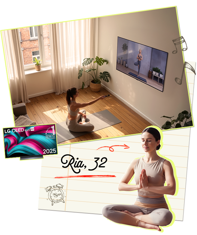 Mujer haciendo yoga por la mañana en casa mientras sigue un entrenamiento en el TV.