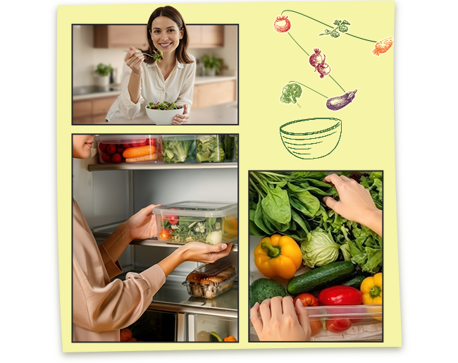 Collage que muestra la preparación de comidas frescas y vegetales organizados en un refrigerador LG.
