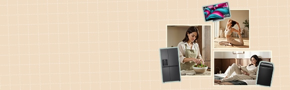Visual clave de estilo de vida que muestra rutinas diarias en casa con electrodomésticos LG