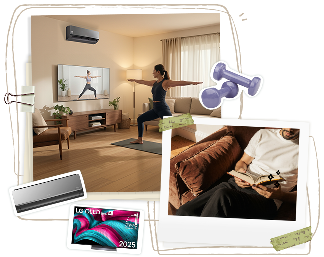 Una imagen estilo collage de una mujer haciendo ejercicio bajo el aire acondicionado mientras ve televisión, y un hombre leyendo en el sofá.	