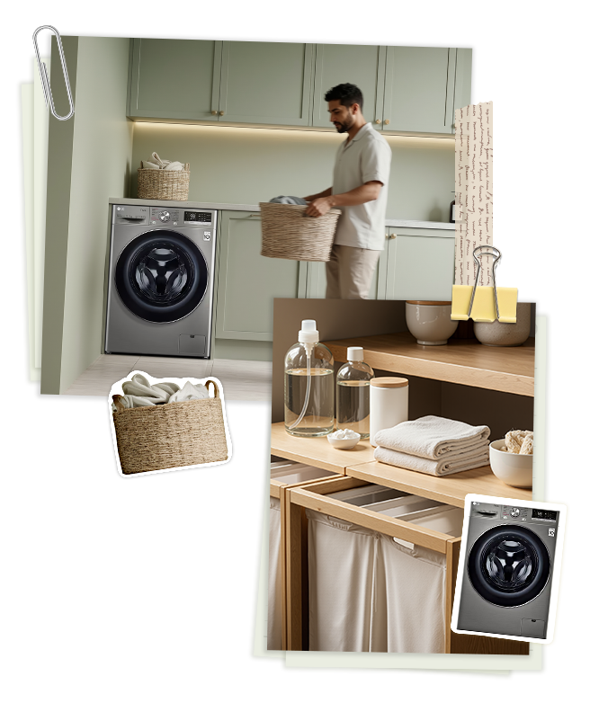 Una imagen estilo collage de un hombre yendo hacia la lavadora para preparar la ropa, junto con un primer plano de un canasto de ropa.	