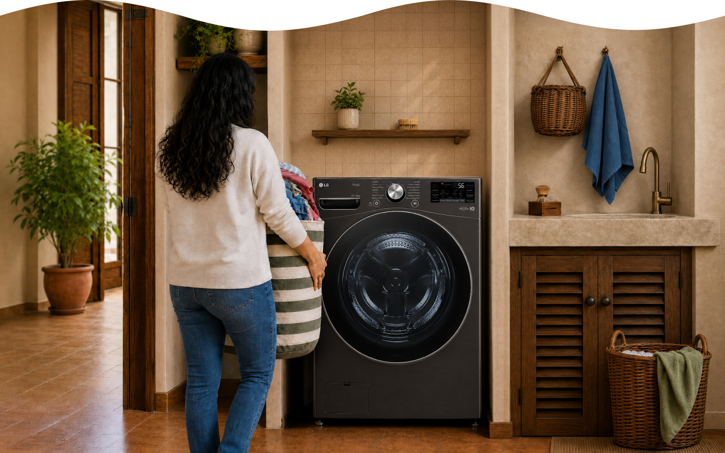 Una mamá lleva una canasta con ropa hasta una lavadora LG de carga frontal en una lavandería residencial.