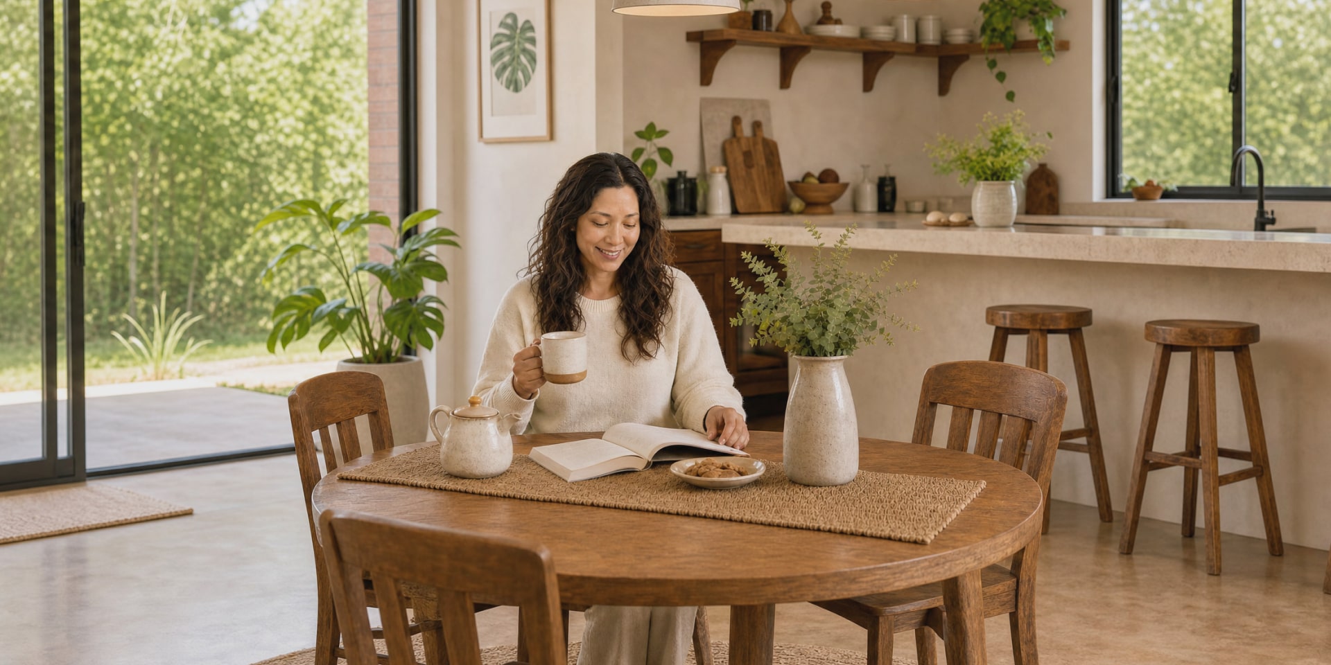Una mamá lee un libro y toma té a la mesa junto a una cocina luminosa.