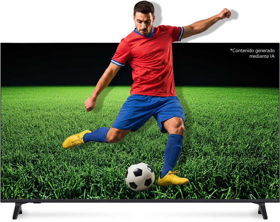 Un jugador de fútbol que parece salir de una pantalla vibrante de TV LG QNED para patear un balón. *contenido generado mediante IA