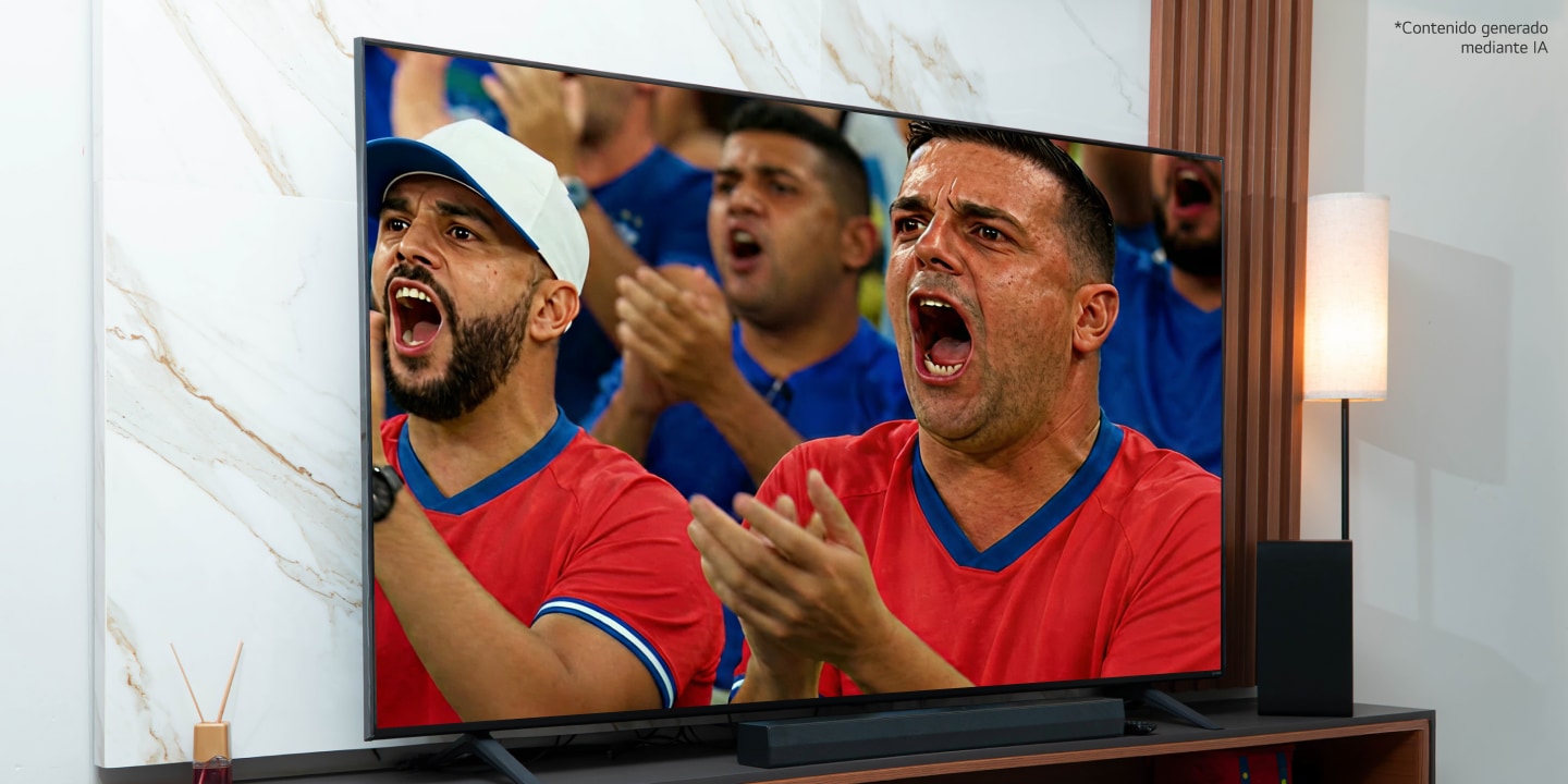 Multitudes nítidas de fútbol dentro de la pantalla de una LG QNED TV *contenido generado mediante IA