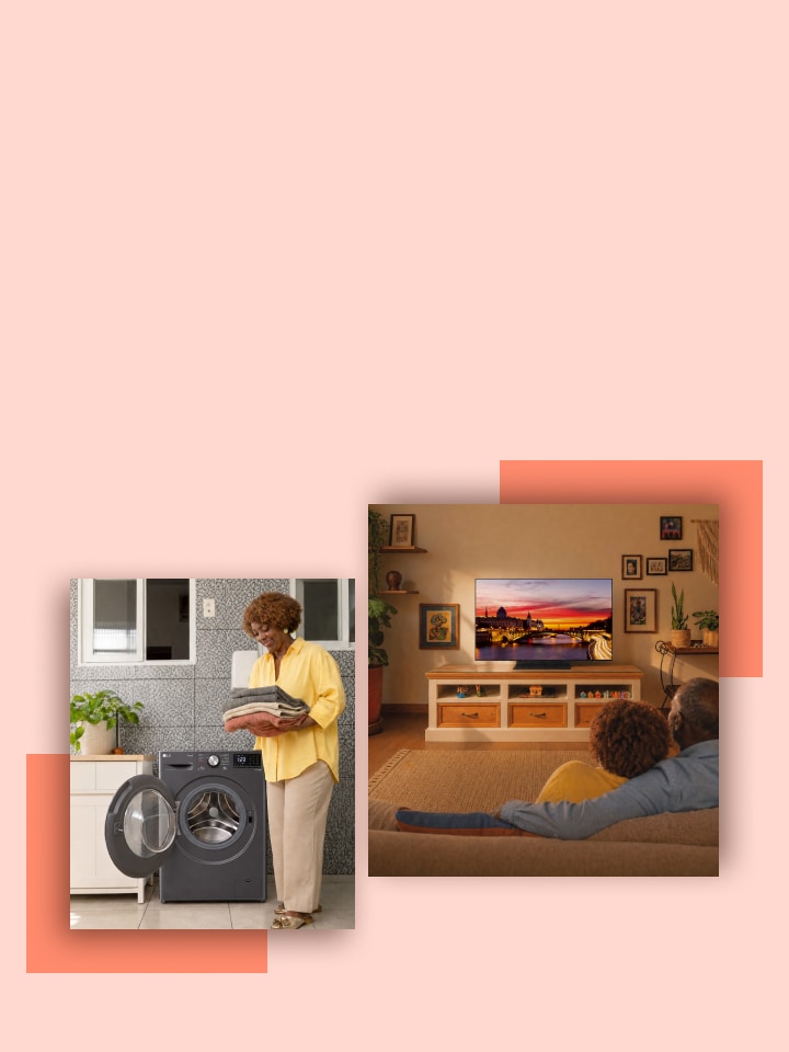 Mujer junto a una lavadora en su hogar, persona instalando un televisor en la pared y familia viendo televisión en el living.