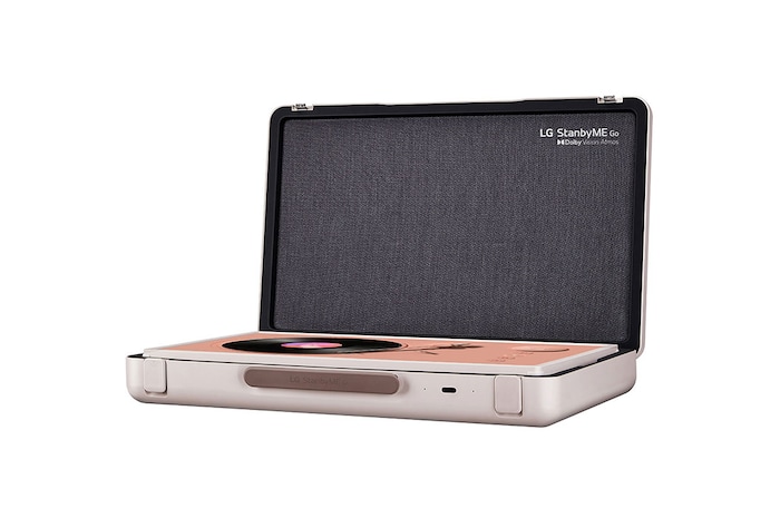 Vista lateral de 45 grados del modo mesa que muestra un diseño musical de tocadiscos de color coral