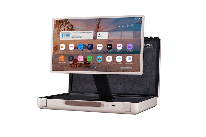 Vista lateral de 47 grados del modo horizontal con la altura de la pantalla ajustada hacia arriba mostrando la pantalla de inicio