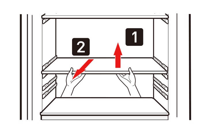 Para quitar una bandeja de refrigerador, eleve la parte frontal de la bandeja un poco (instrucción uno) y tire de ella hacia adelante (instrucción dos). Tenga cuidado al quitar la bandeja para evitar daños al producto.
