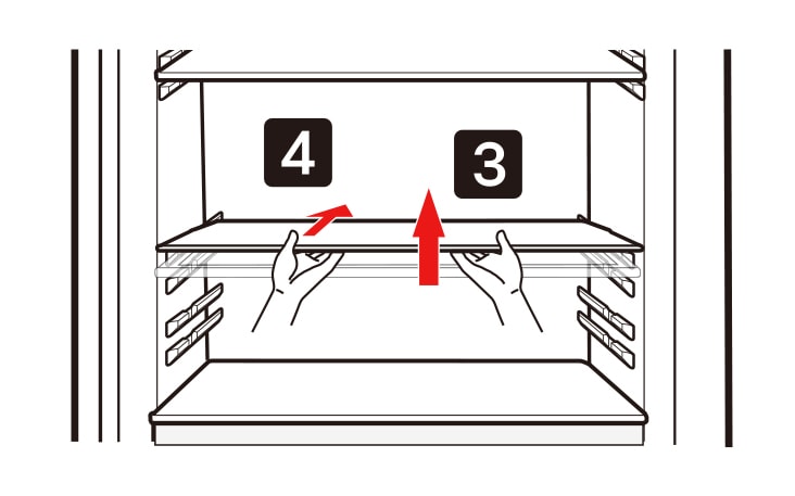 Para instalar una bandeja de refrigerador, incline hacia arriba la parte frontal de la bandeja e insértela en el refrigerador en la ubicación deseada (instrucción tres). Después, empuje la bandeja hacia atrás (instrucción cuatro). Tenga cuidado al instalar la bandeja para evitar daños al producto.