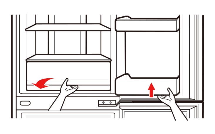 Retira la canasta inferior de la puerta al levantar la canasta Saca el cajón por completo levantándolo por la parte delantera y estirando