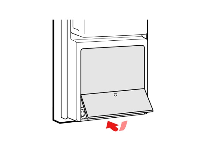 Close the water filter cover After the water filter is replaced, dispense two and a half gallons of water flush for approximately five minutes to remove trapped air and contaminants from the system