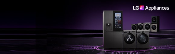 Gama de electrodomésticos LG, incluyendo refrigeradores, lavadoras, secadoras y electrodomésticos de cocina, expuestos en un escenario oscuro con un suelo con diseño de placa de circuito impreso.