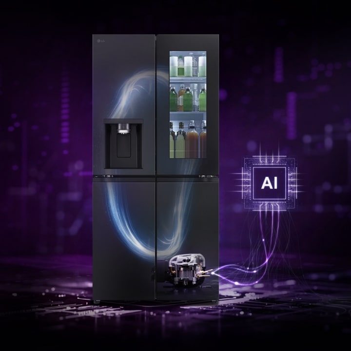 Refrigerador LG con ilustración visible del sistema de almacenamiento y enfriamiento de bebidas, conectado a un ícono de procesador de AI