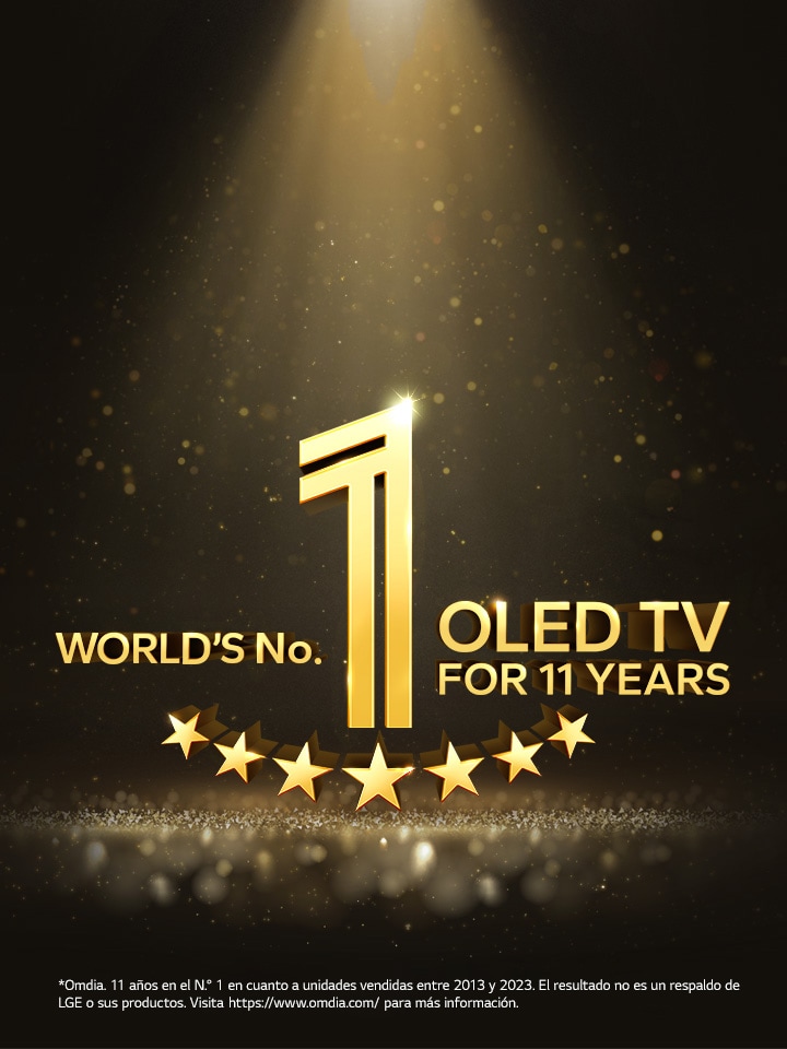 Un emblema dorado del OLED TV número 1 en el mundo durante 11 años contra un fondo negro. Un foco brilla sobre el emblema, y estrellas doradas abstractas cubren el espacio.