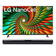 Vista frontal de Televisor LG 50" Nanocell 4K UHD - α5 AI Processor 4K Gen6 SmartTV -  WebOS 23, + SoundBar LG SQC1 con 160W de potencia y 2.1 canales 50NANO77SRA + SQC1