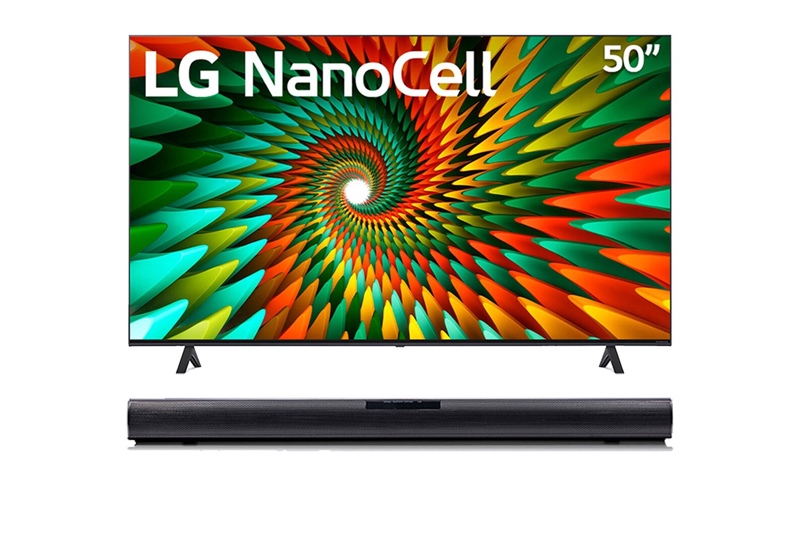 Vista frontal de Televisor LG 50" Nanocell 4K UHD - α5 AI Processor 4K Gen6 SmartTV -  WebOS 23, + SoundBar LG SQC1 con 160W de potencia y 2.1 canales 50NANO77SRA + SQC1