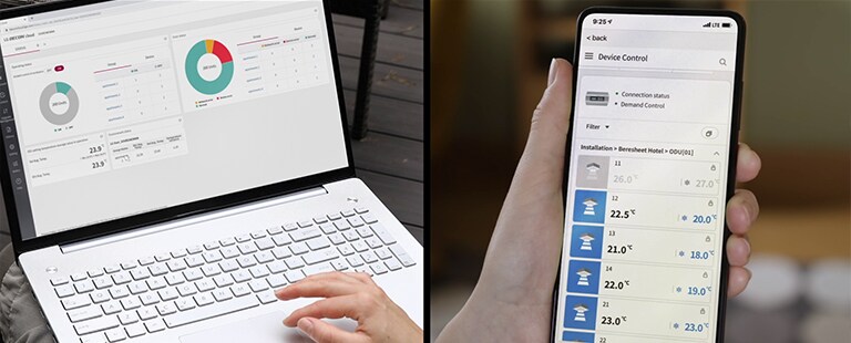 Left: Remotely controlling air conditioners on an laptop Right: Remotely controlling air conditioners on a phone