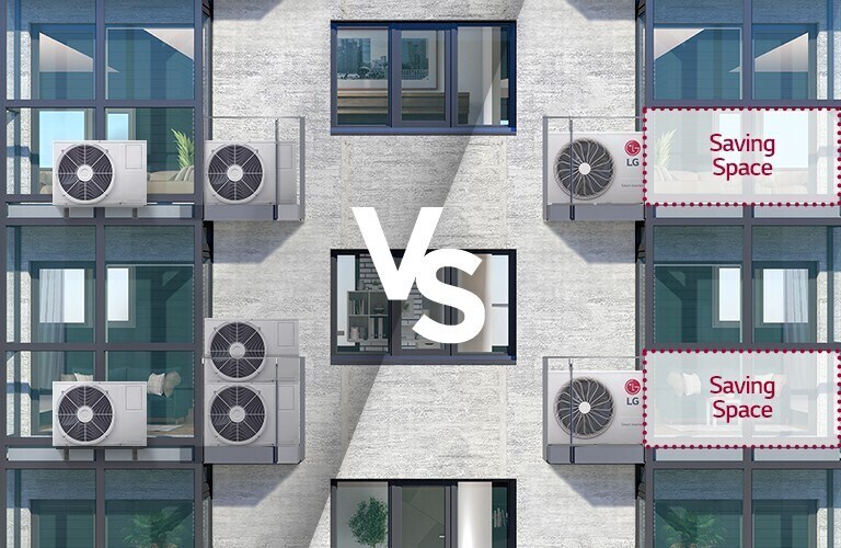 Left: Outdoor units taking up lots of balcony space  Right: LG Multi Split outdoor unit taking up less space than conventional units