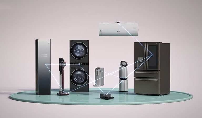 Many home appliances of LG showing connectivity in between them with ThinQ Home service.