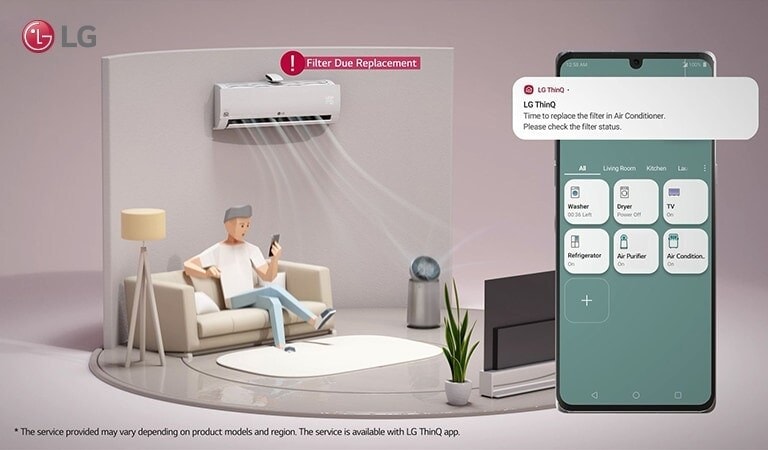 A person sitting in a living room with controlling the air conditioner and air purifier with his phone.