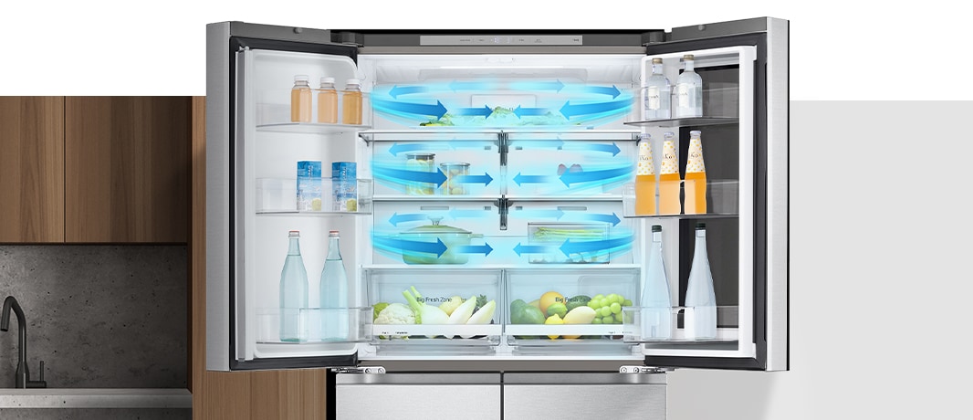 Dentro del refrigerador lleno de ingredientes, debajo, en ambos lados y en el conjunto, se muestran flechas azules, que significan frío.