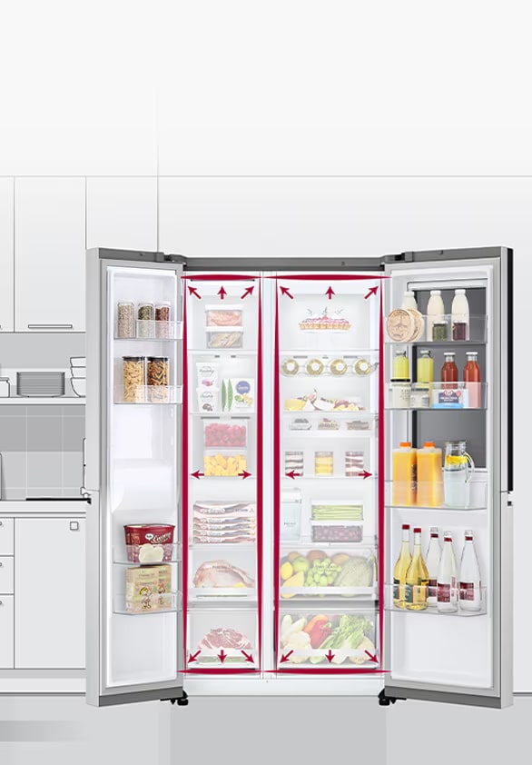 Vista general de la capacidad del refrigerador side by side LG.