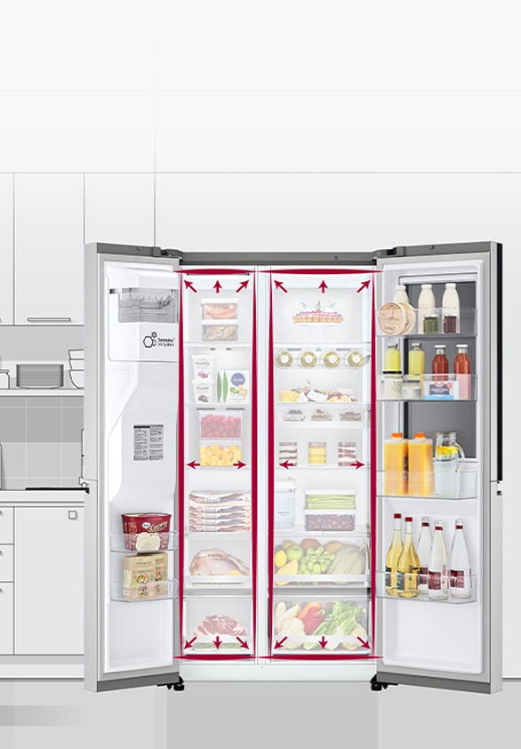 Vista general de la capacidad del refrigerador side by side LG.