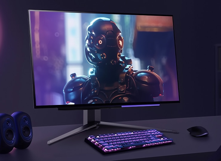 Monitor LG en un escritorio mostrando un juego de fantasía, con parlantes al lado.