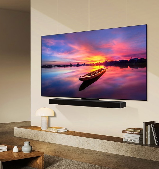Sala de estar con LG OLED TV en la pared con estante, libro y plantas