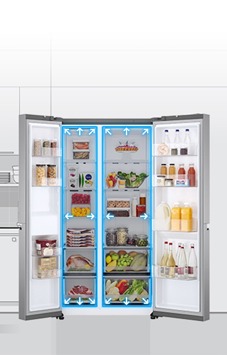 Una vista del interior de un espacioso refrigerador resaltando su gran capacidad con ilustraciones.