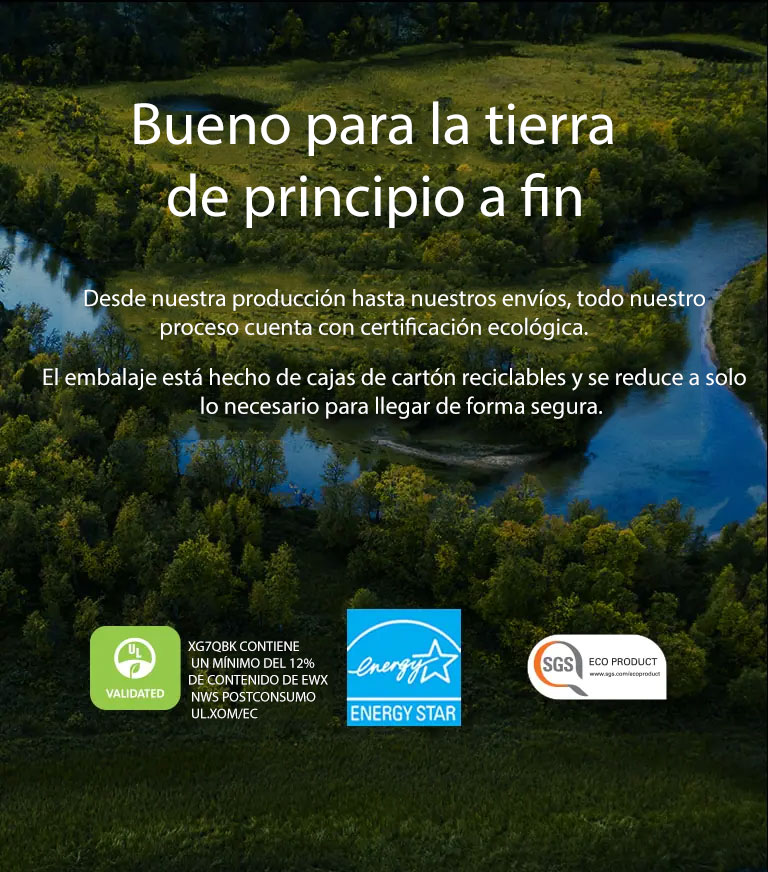 Hay un bosque y un río en la imagen. En la parte inferior de la imagen, se muestran los logotipos de UL, Energy Star y SGS.