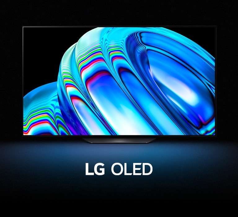 Un patrón abstracto de onda azul llena la pantalla y luego se aleja gradualmente para revelar el LG OLED B2. La pantalla se vuelve negra y luego muestra el patrón de onda nuevamente con las palabras "LG OLED" debajo.