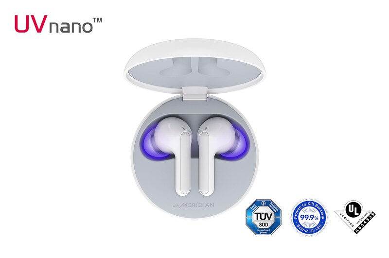 LG TONE Free FN6 - UVNano 99,9% Audífonos inalámbricos Bluetooth (TWS) con Meridian Sound, micrófono dual para trabajo / oficina en casa, compatible con iPhone / Android, carga inalámbrica y rápida., HBS-FN6
