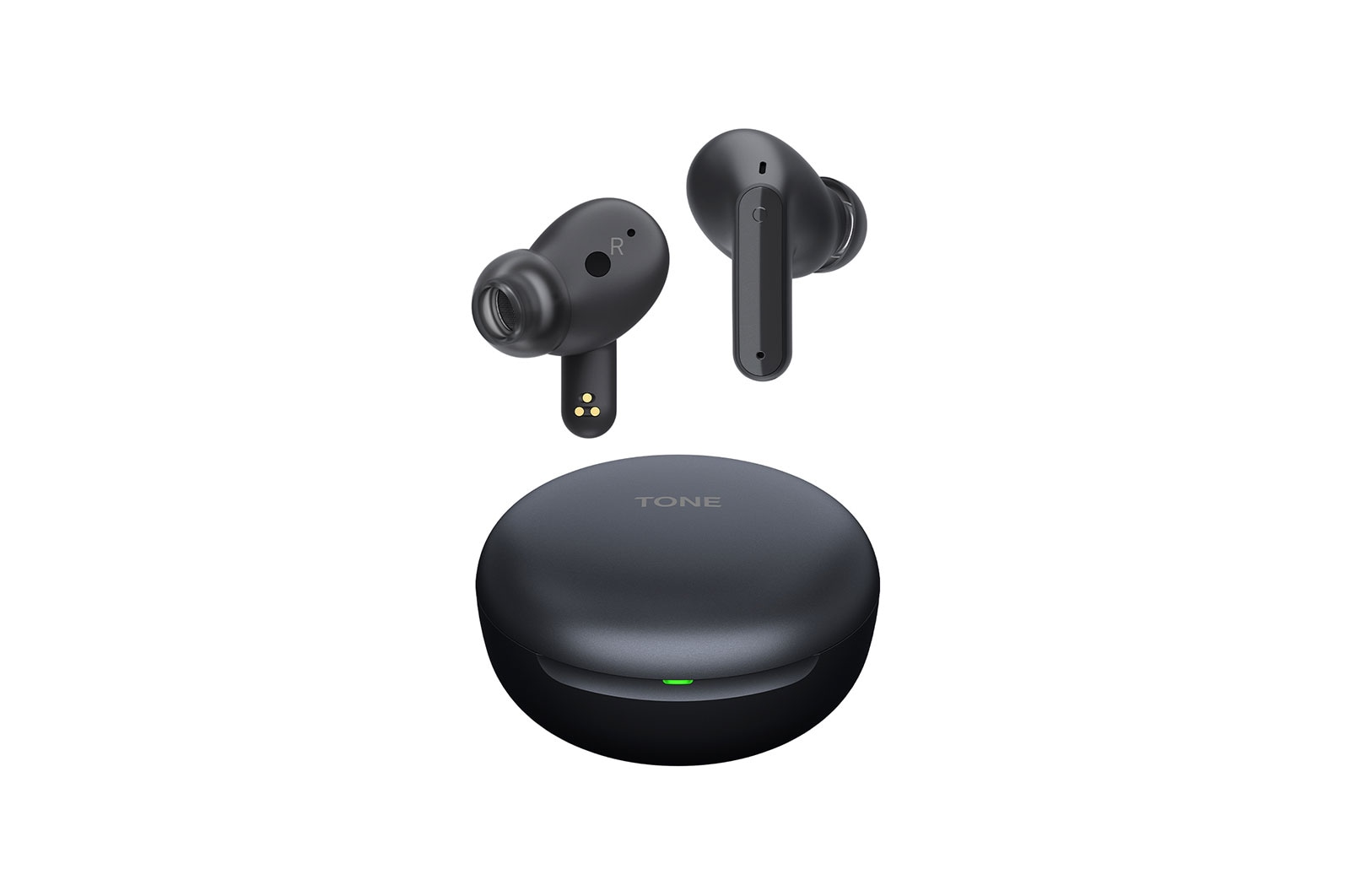 Imagen con auriculares LG TONE Free flotando sobre una base de carga abierta.