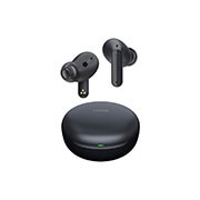 Imagen con auriculares LG TONE Free flotando sobre una base de carga abierta.