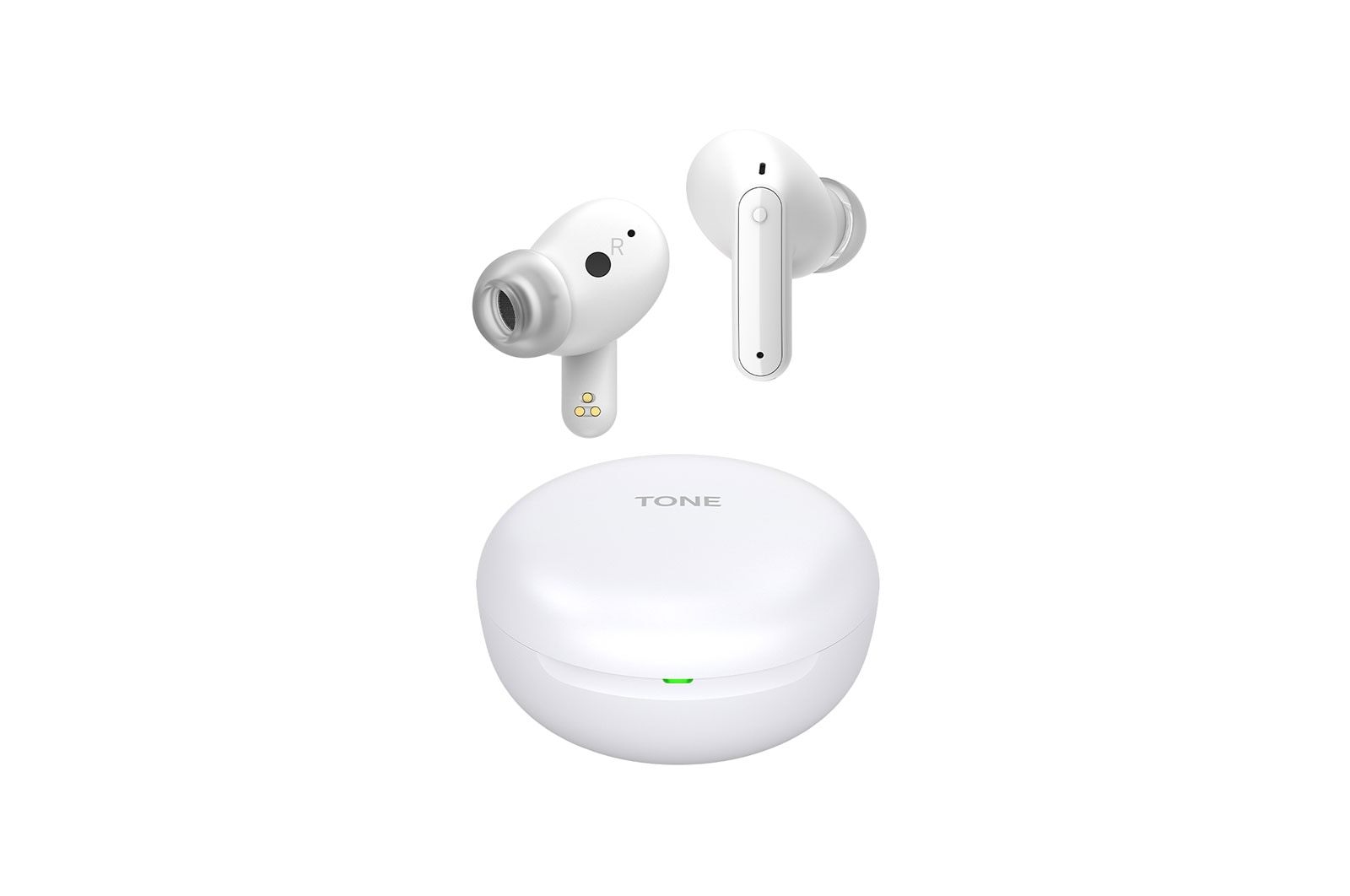 Imagen con auriculares LG TONE Free flotando sobre una base de carga abierta.