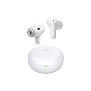 Imagen con auriculares LG TONE Free flotando sobre una base de carga abierta.