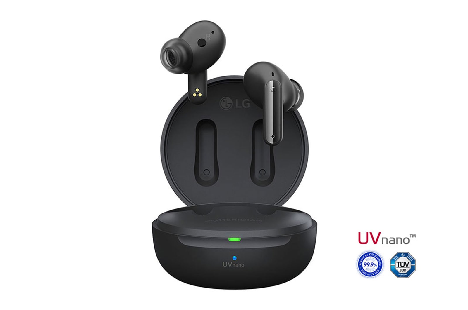Imagen con auriculares LG TONE Free flotando sobre una base de carga abierta.