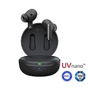 Imagen con auriculares LG TONE Free flotando sobre una base de carga abierta.