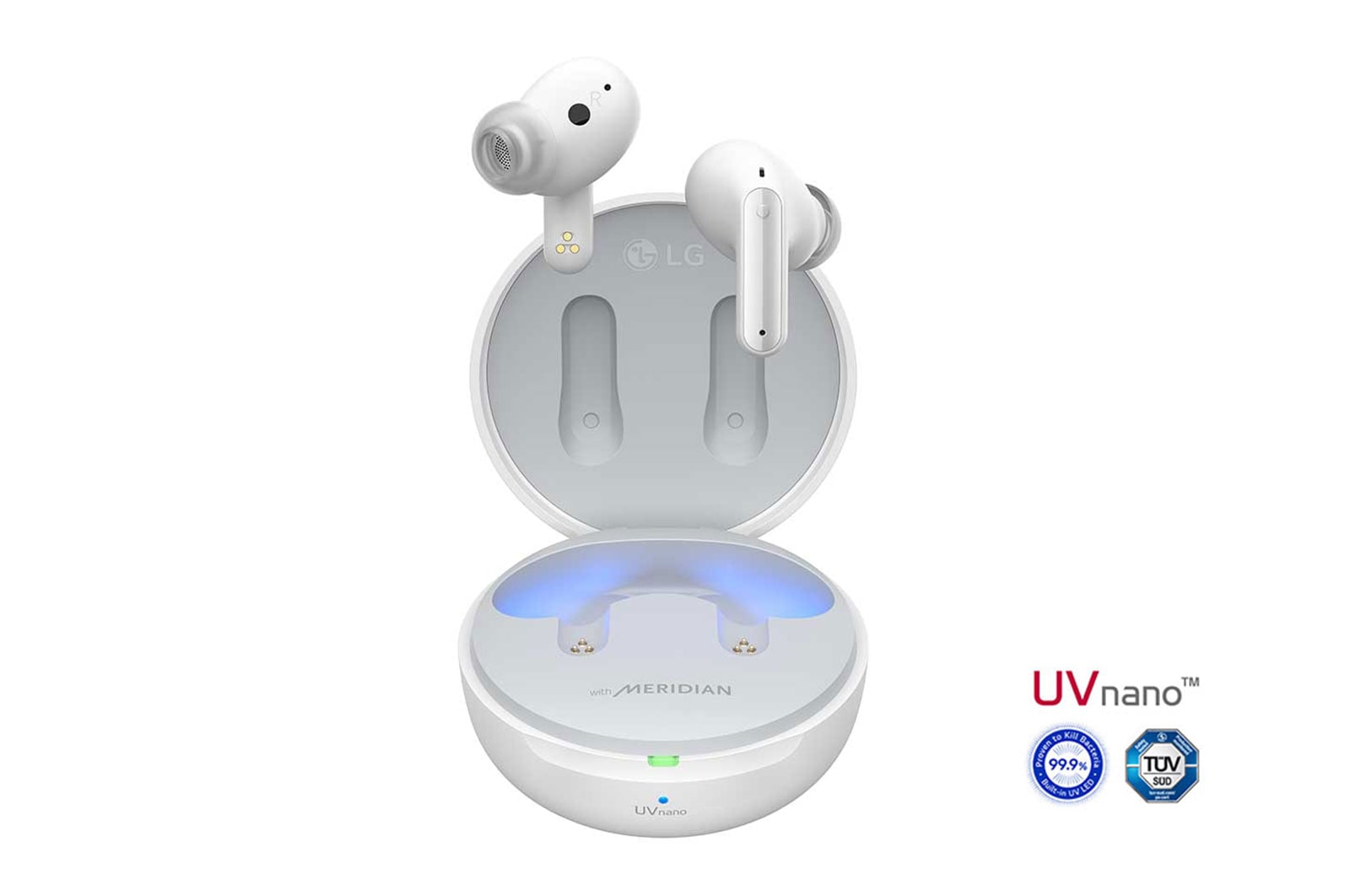 Imagen con auriculares LG TONE Free flotando sobre una base de carga abierta.