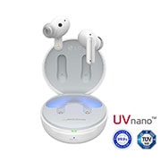 Imagen con auriculares LG TONE Free flotando sobre una base de carga abierta.