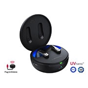 La base abierta en un ángulo de 15 grados con la iluminación ambiental encendida y los logotipos UVnano y Plug&wireless