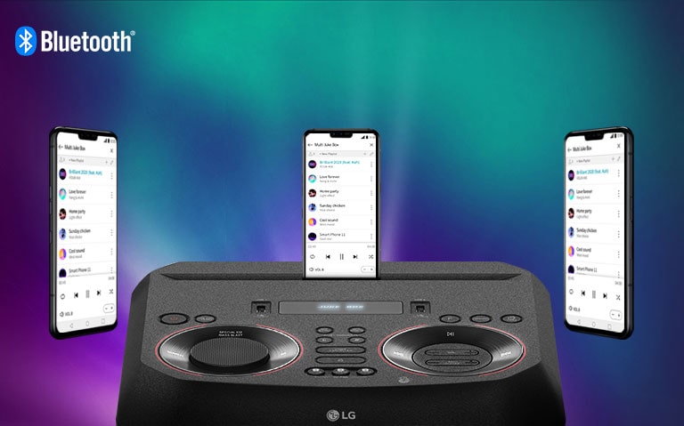 Un celular inteligente está en un LG XBOOM con otros dos celulares inteligentes flotando a su alrededor. Logo de Bluetooth en la esquina superior izquierda.