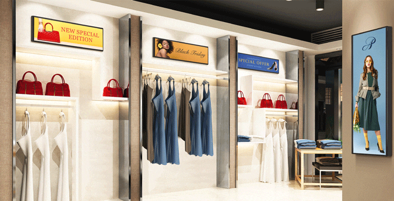 La BH7N aparece instalada en un centro comercial de moda, ocupando por completo el espacio no utilizado, tanto en horizontal como en vertical.