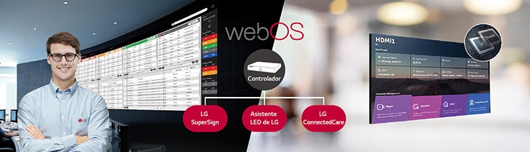"El empleado de LG supervisa a distancia la serie GNEA instalada en un lugar diferente mediante una solución de monitoreo de LG basada en la nube. El controlador del sistema con webOS permite que la serie GNEA sea compatible con las soluciones de software de LG."
